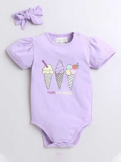 Polka Tots Half Sleeve Team Ice Cream Print Romper Onesie - Purple