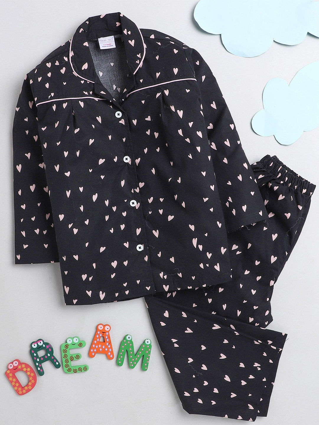 Polka Tots Full sleeve heart  print night suit - black