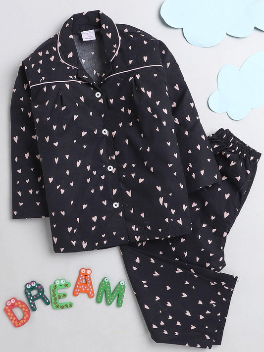 Polka Tots Full sleeve heart  print night suit - black