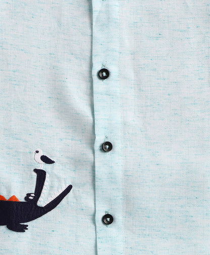 Polka Tots Full Sleeves Crocodile Patch Detailing Shirt - Light Blue