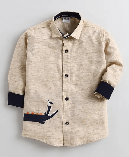 Polka Tots Full Sleeves Crocodile Patch Detailing Kids Shirt - Brown