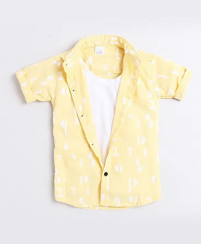 Polka Tots Half Sleeves Abstract Print Shirt With Attached Tee - Yellow