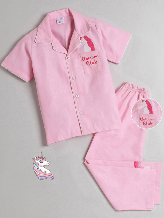 Polka Tots Half Sleeve Night Suit Pair Cotton Unicorn - Pink