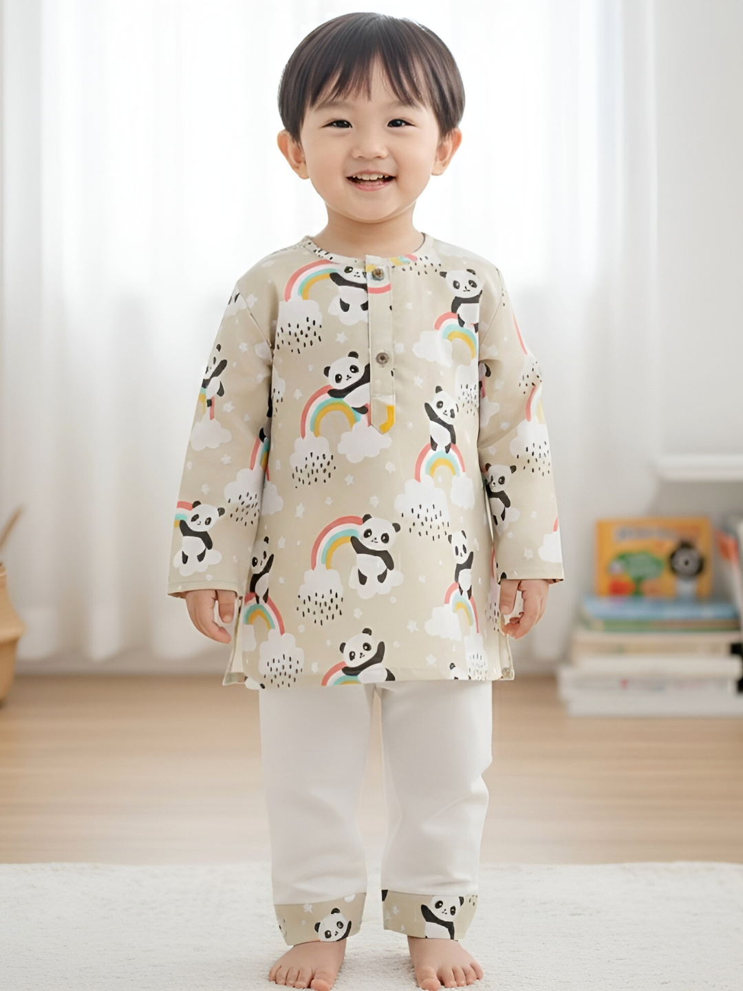 Polka Tots Panda Rainbow Print Full sleeves Nightwear Kurta pyjama set - Cream