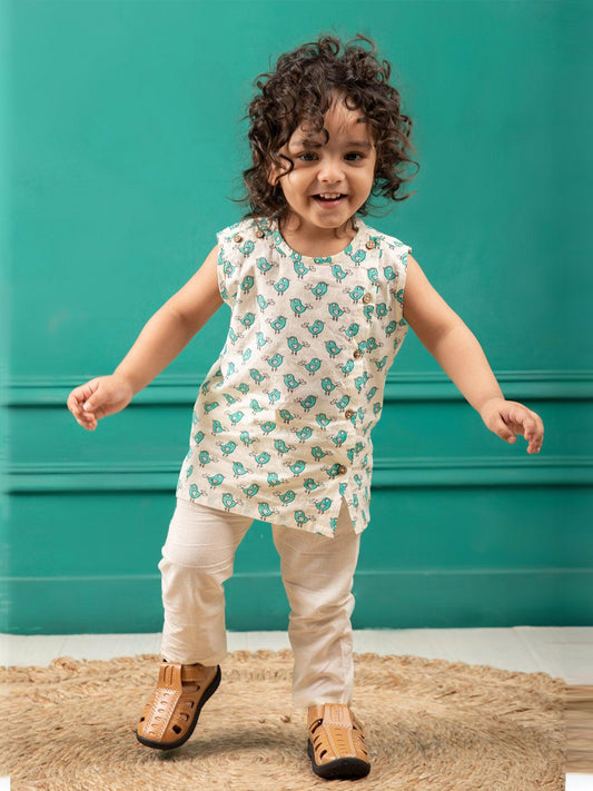 Polka Tots Bird Print Sleeveless Jhabla and Pant Set - Cream & Sea Blue