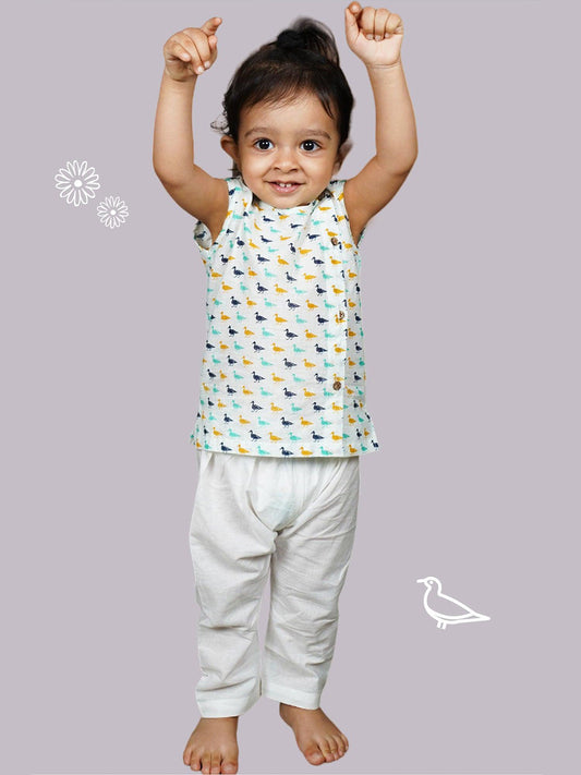 Polka Tots Duck Print Sleeveless Jhabla and Pant Set - White & Blue