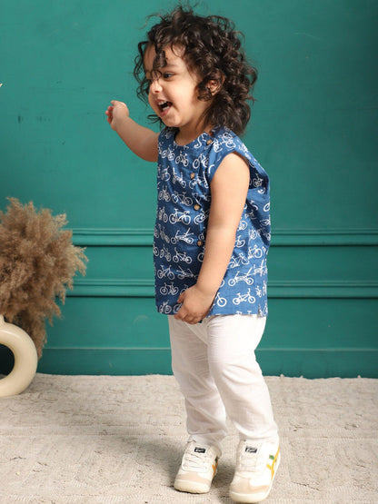 Polka Tots  Cycle Print Sleeveless Jhabla and Pant Set - Navy Blue