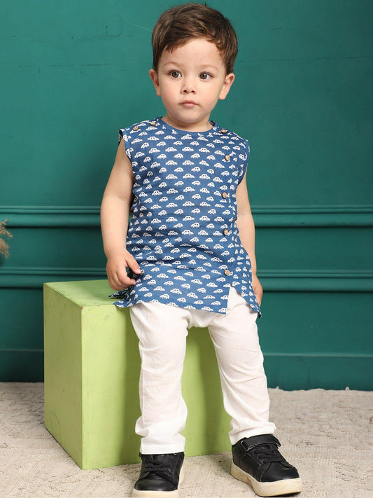 Polka Tots Car Print Sleeveless Jhabla and Pant Set - Navy Blue