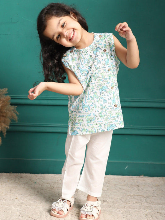 Polka Tots Peacock Fish Print Sleeveless Jhabla and Pant Set - White & Green