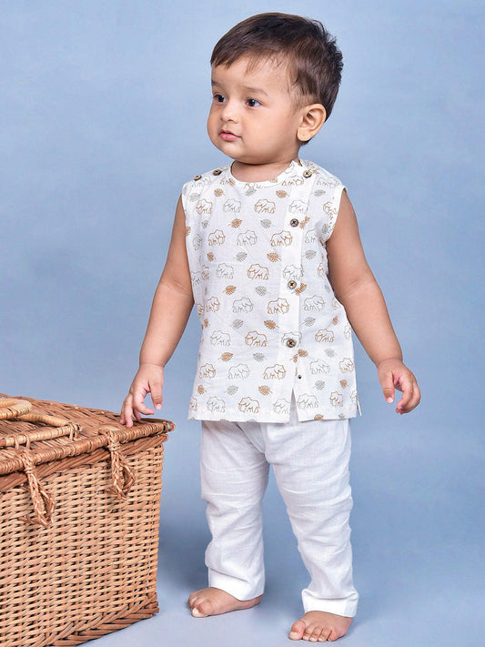 Polka Tots Elephant Print Sleeveless Jhabla and Pant Set - White & Mustard