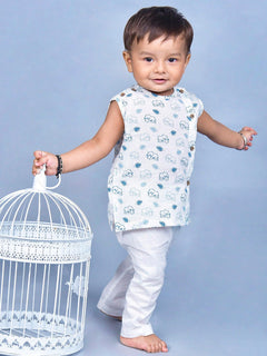Polka Tots Elephant Print Sleeveless Jhabla and Pant Set - White & Blue