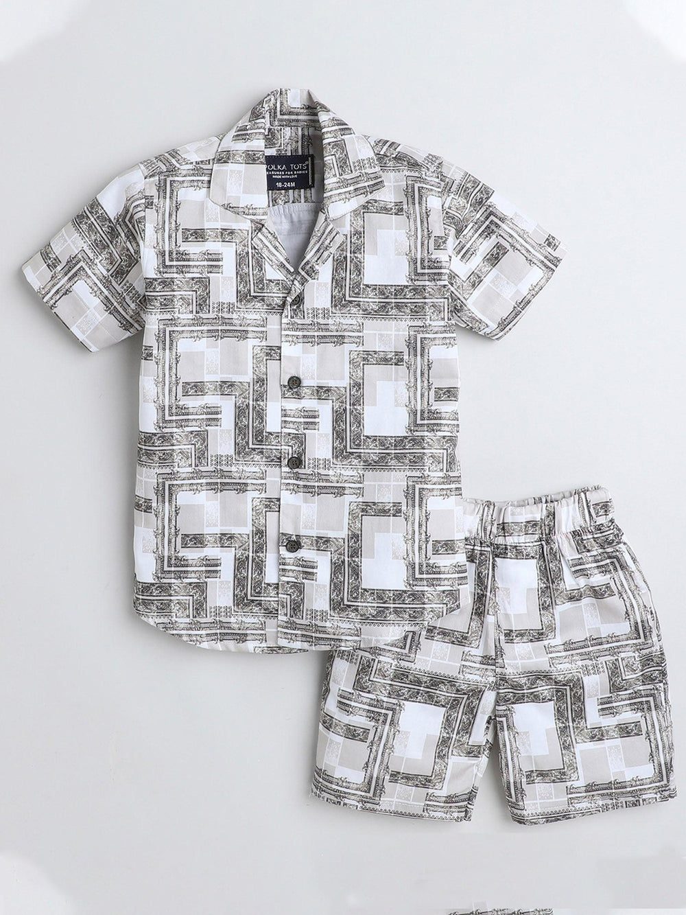 Polka Tots Cotton Half Sleeves Shirt With Shorts, Co-ord Set All Over Print - White & Black