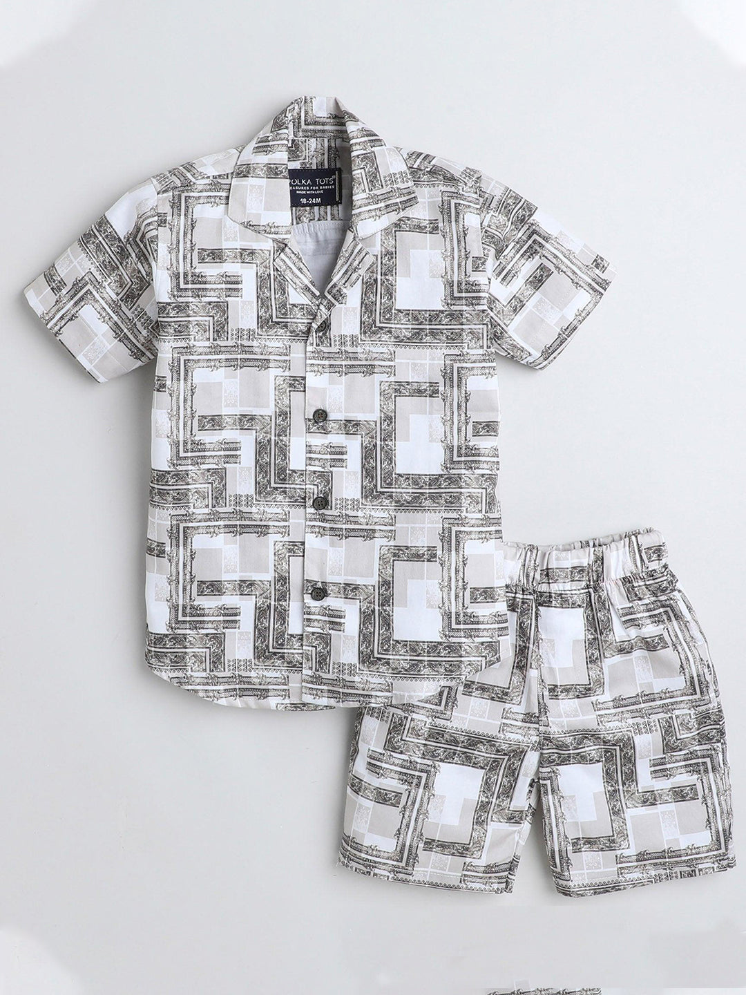 Polka Tots Cotton Half Sleeves Shirt With Shorts, Co-ord Set All Over Print - White & Black