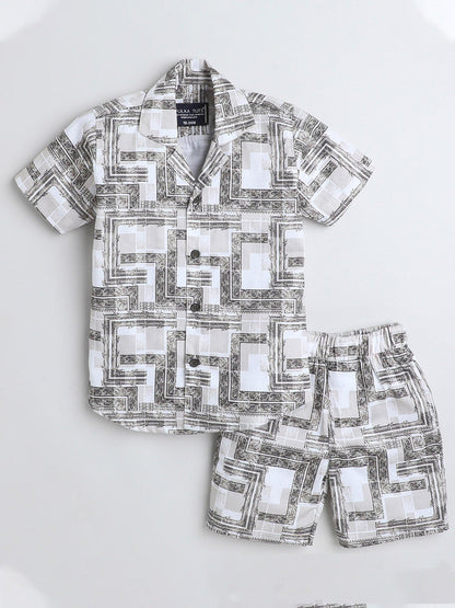 Polka Tots Cotton Half Sleeves Shirt With Shorts, Co-ord Set All Over Print - White & Black