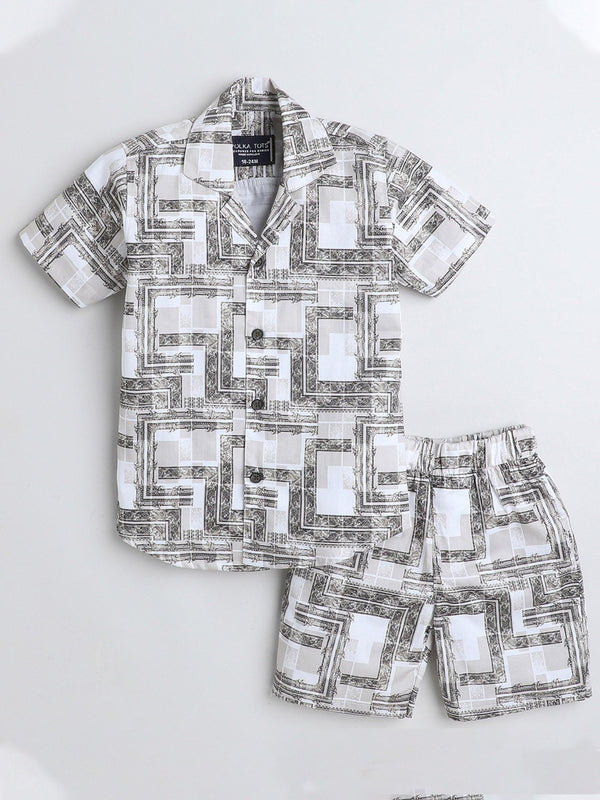 Polka Tots Cotton Half Sleeves Shirt With Shorts, Co-ord Set All Over Print - White & Black