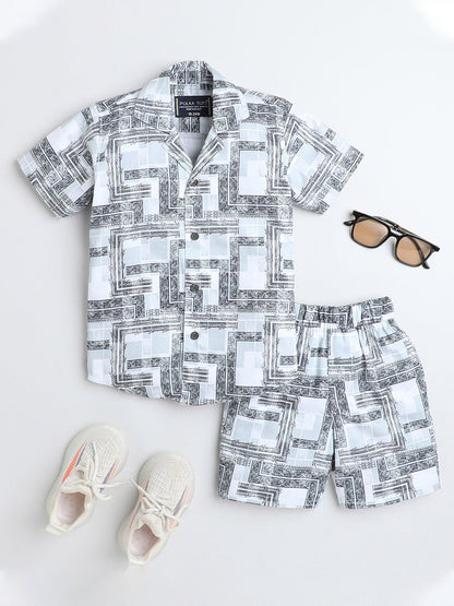 Polka Tots Cotton Half Sleeves Shirt With Shorts, Co-ord Set All Over Print - Light Blue & Black
