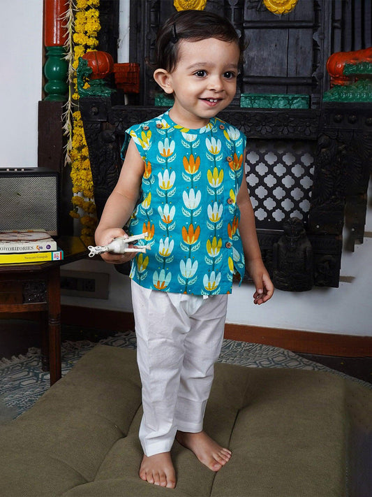 Polka Tots Lotus Print Sleeveless Jhabla and Pant Set - Blue & White