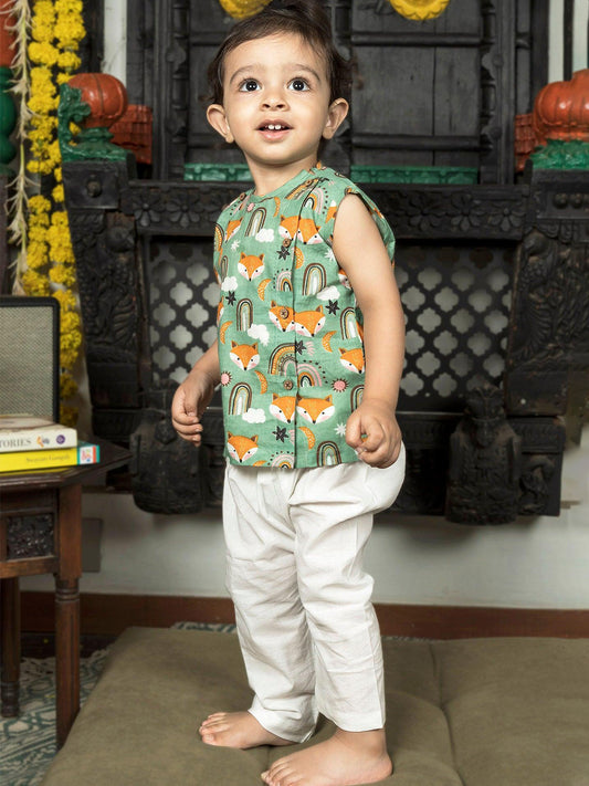 Polka Tots Fox print Sleeveless Jhabla and Pant Set - Green