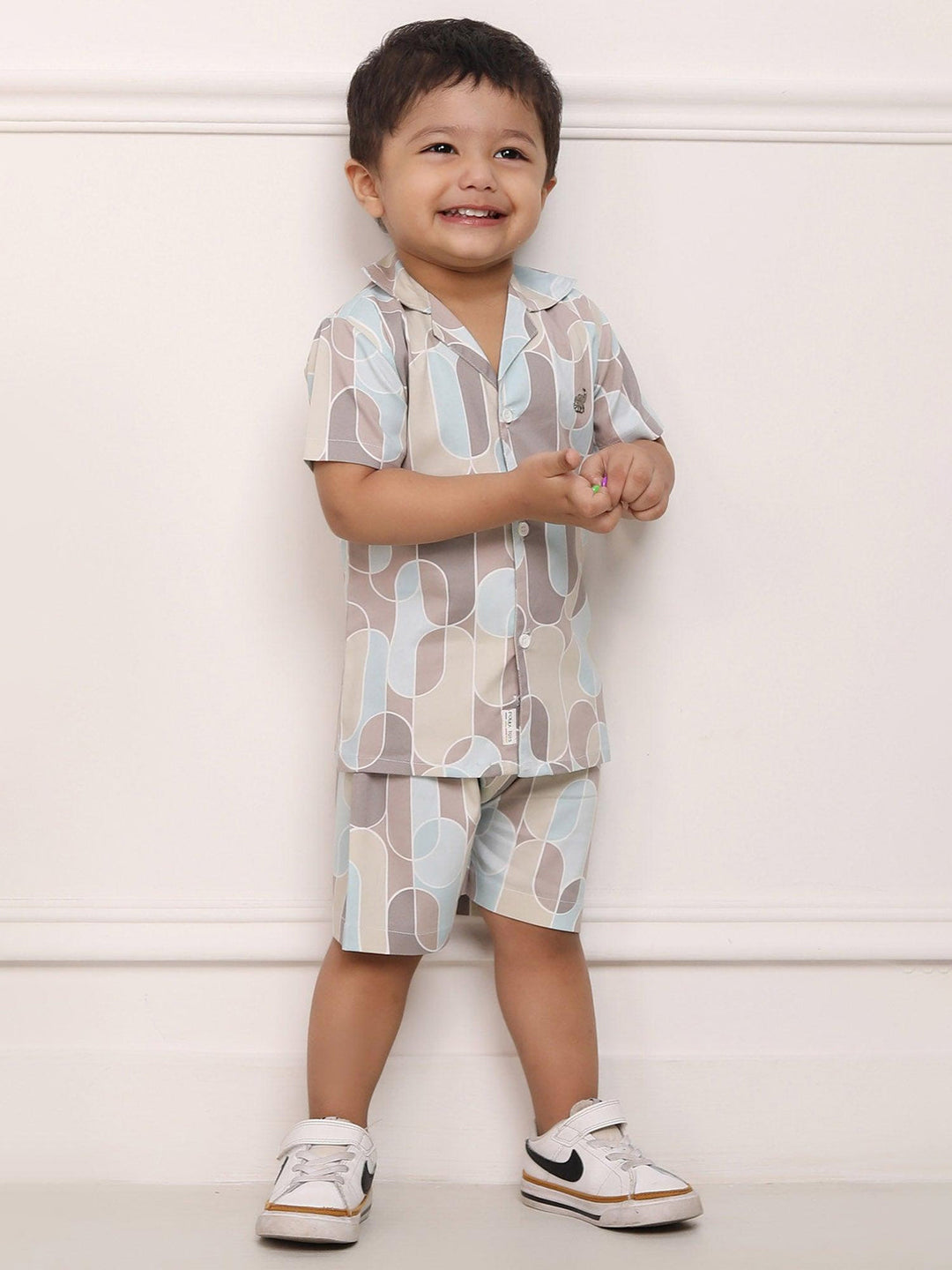 Polka Tots Cotton Half Sleeves Shirt With Shorts/Co-ord - Biege and Blue