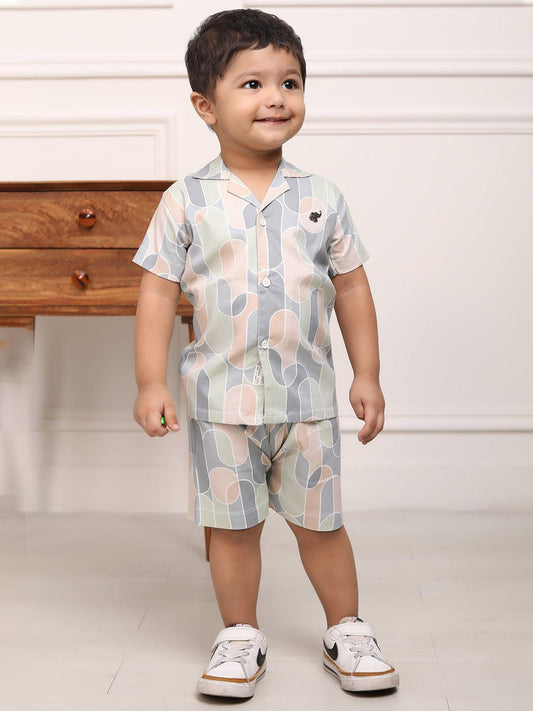 Polka Tots Cotton Half Sleeves Shirt With Shorts/Co-ord - Grey and Peach