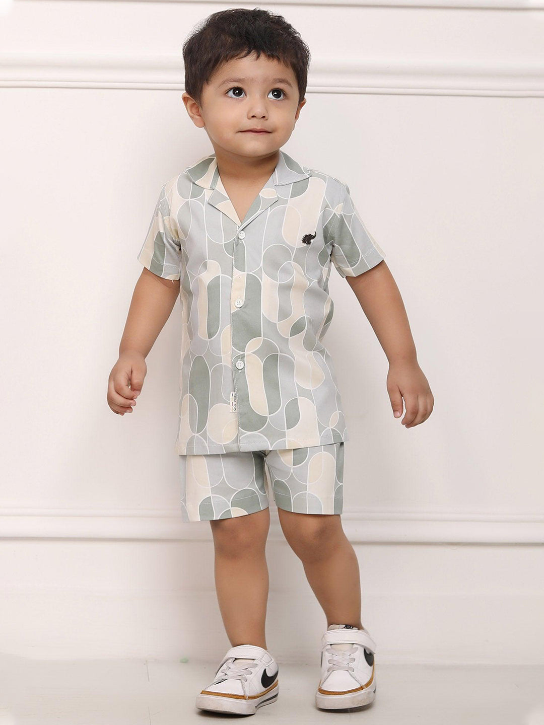 Polka Tots Cotton Half Sleeves Shirt With Shorts/Co-ord - Grey