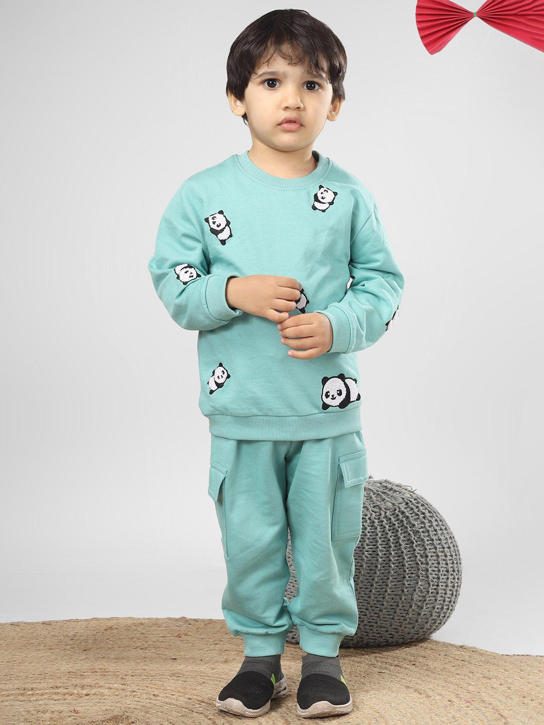 Polka Tots Full Sleeve Panda Print Co-ord set - Sea Green