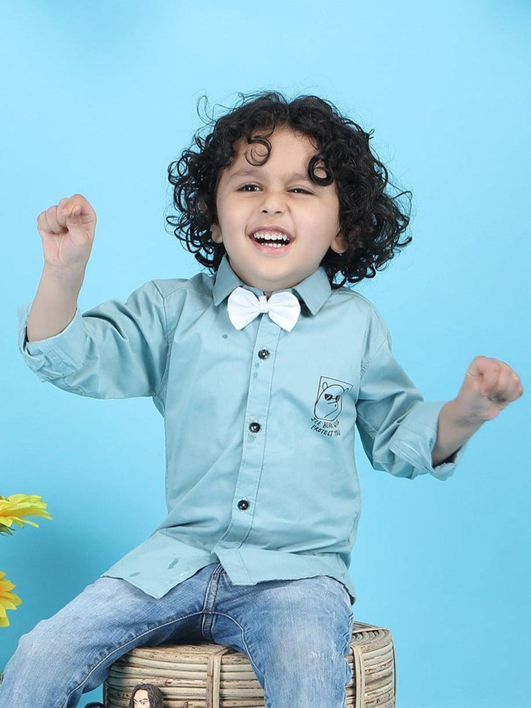 Polka Tots Full sleeve Ice Bear will Protect you print shirt with White Bow - Aqua Blue