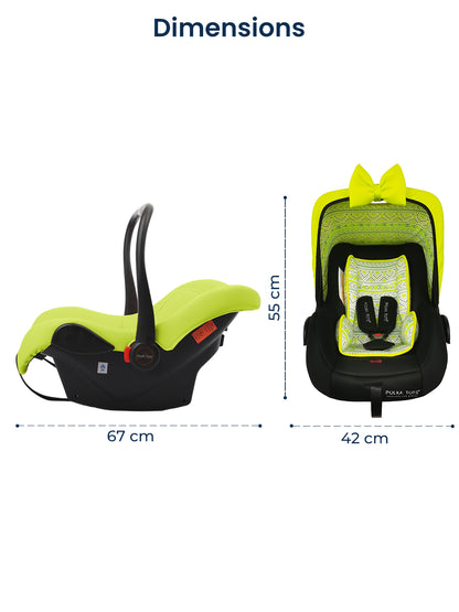 Dimensions of a green and black car seat with measurements on a white background