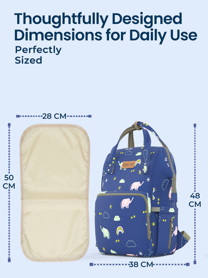 Blue backpack with animal patterns and beige mat with measurements on a light blue background
