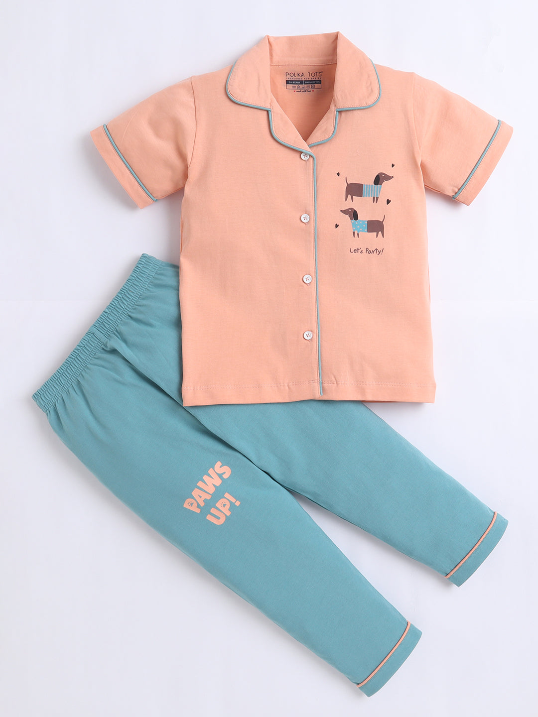 Children's pajama set with pink top and teal pants on a light gray background