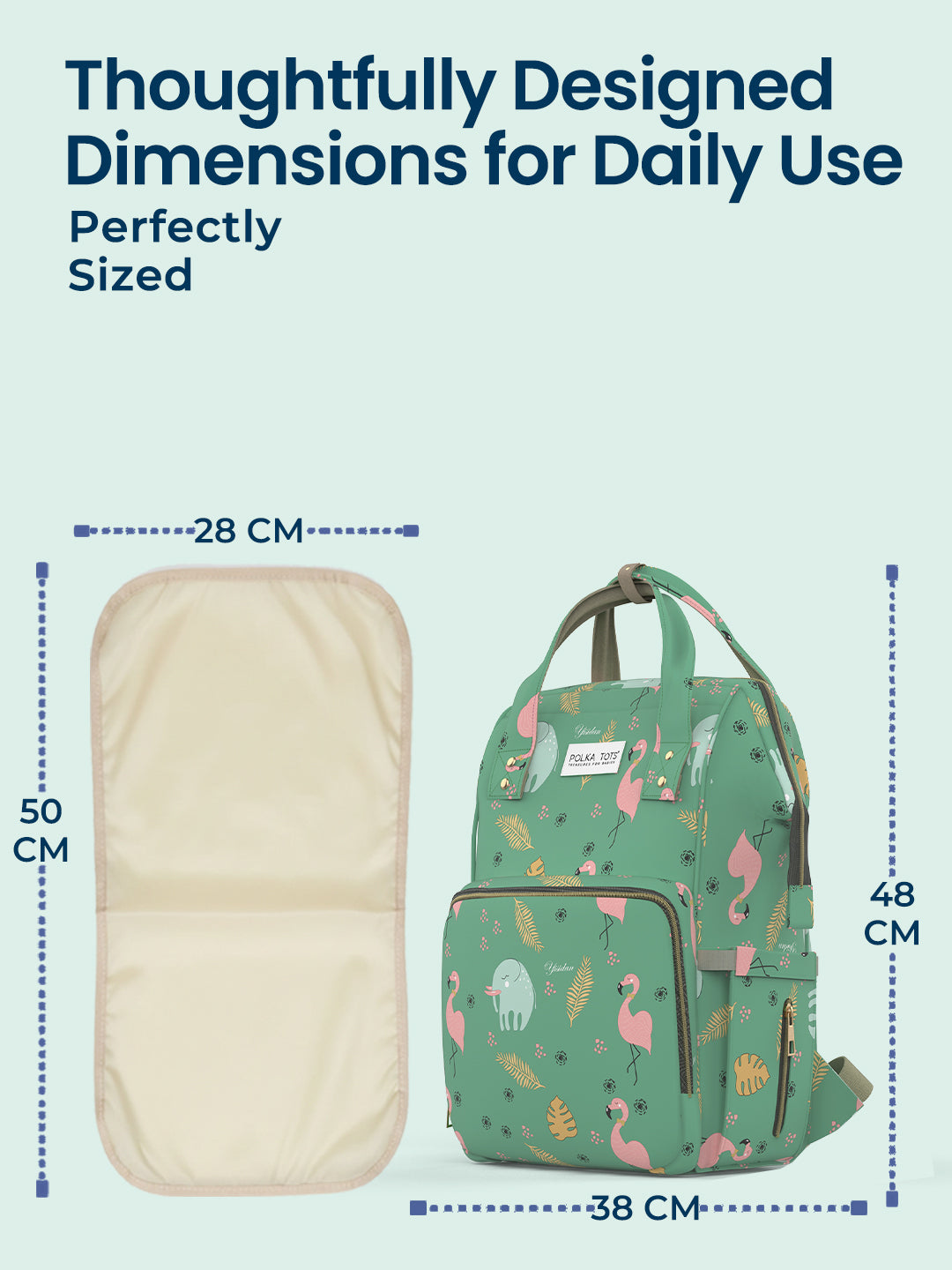 Green backpack with flamingo pattern and dimensions displayed on a light blue background