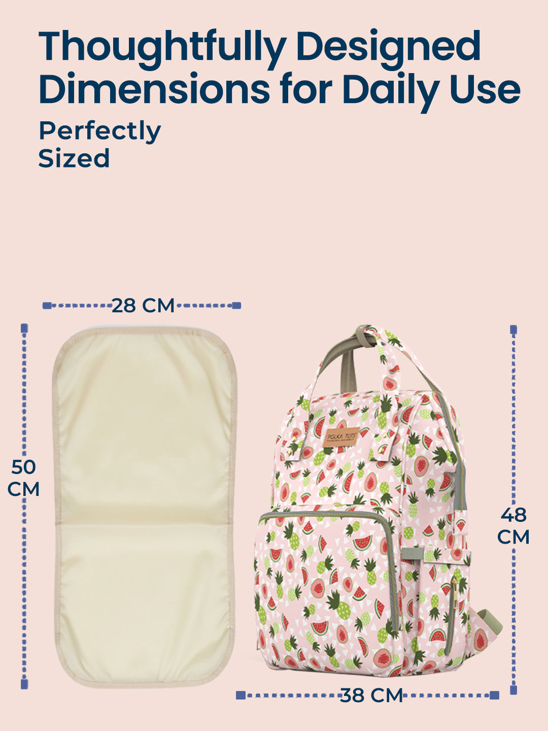 Backpack with dimensions labeled on a pink background