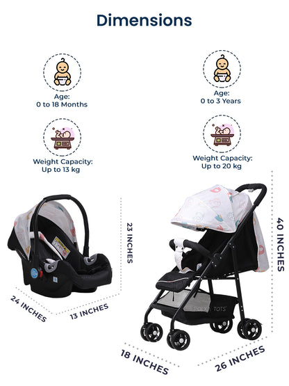 Dimensions of a baby car seat and stroller with icons and text on a white background