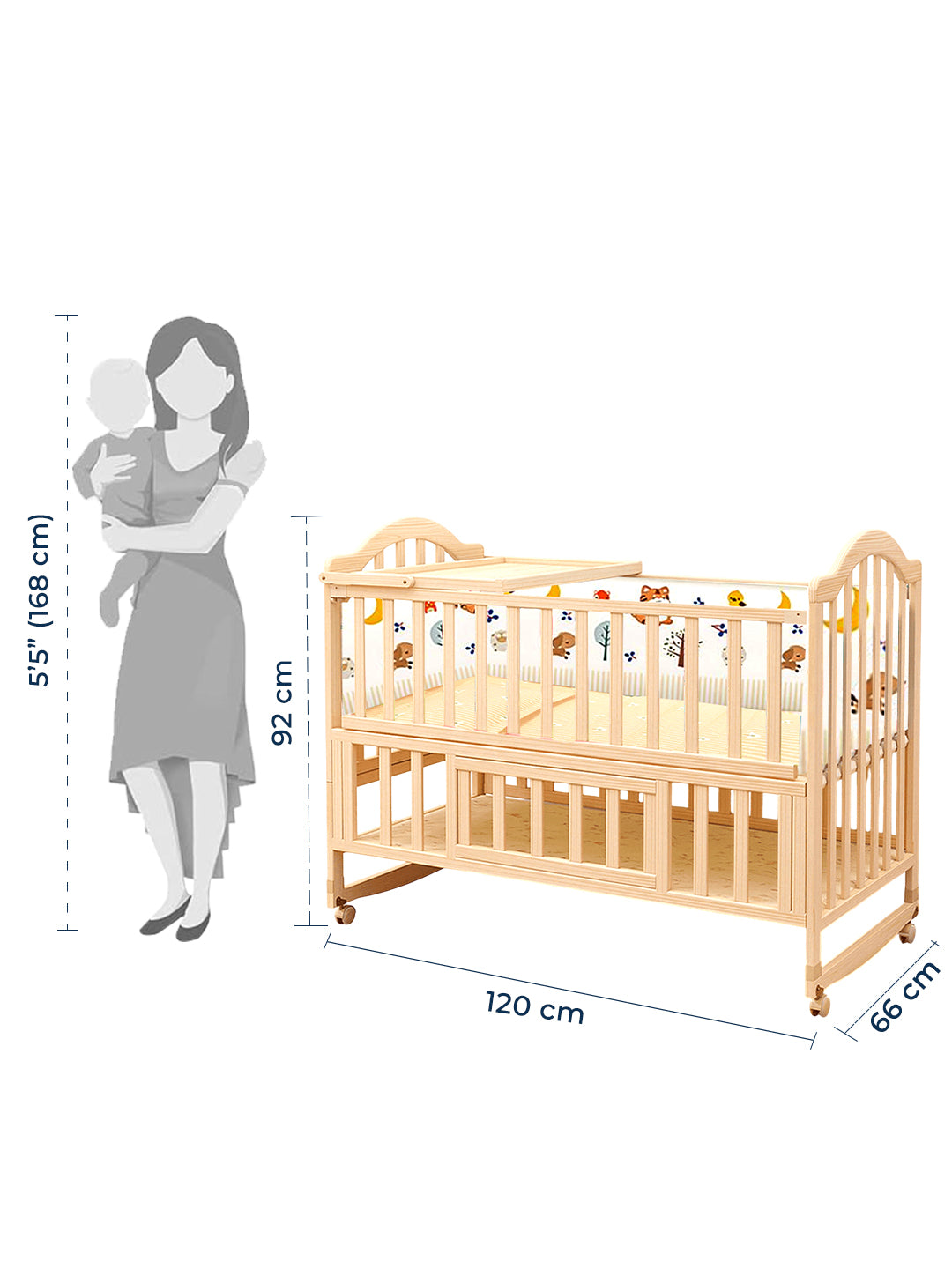 Wooden crib with dimensions indicated by a silhouette of a woman holding a baby.