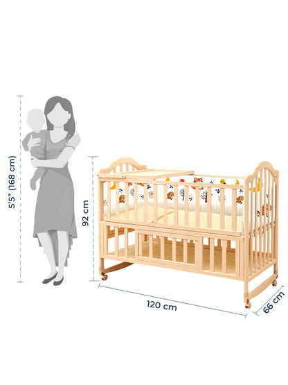 Wooden crib with dimensions indicated by a silhouette of a woman holding a baby.
