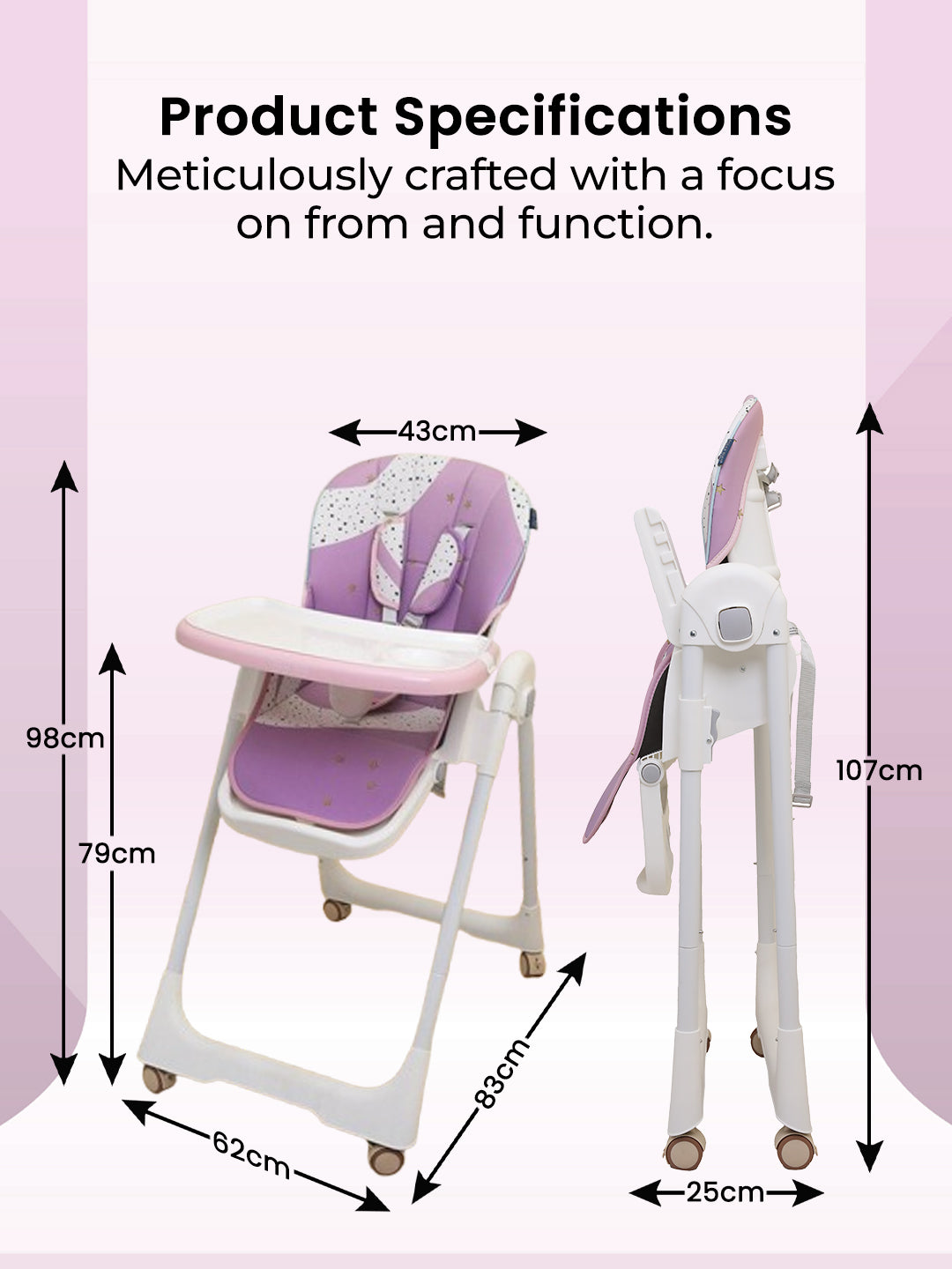 Purple and white baby high chair with dimensions on a pink background