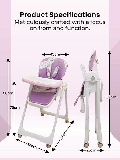 Purple and white baby high chair with dimensions on a pink background