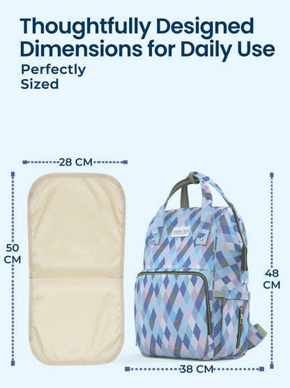 Backpack and mat with dimensions labeled on a white background