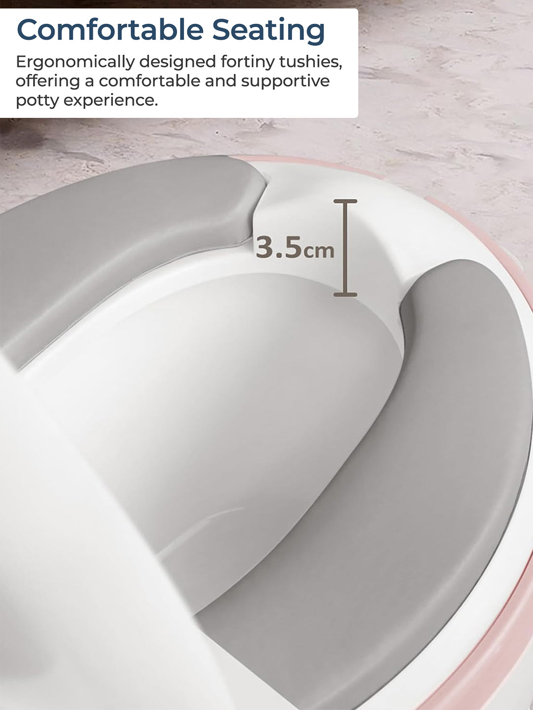 Ergonomically designed potty seat with text about comfortable seating and measurement details.