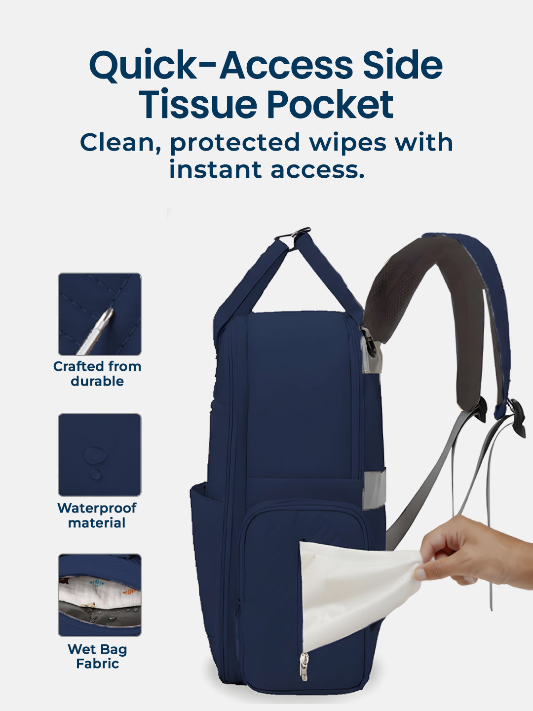 Navy blue backpack with quick-access side tissue pocket, featuring durable, waterproof material.