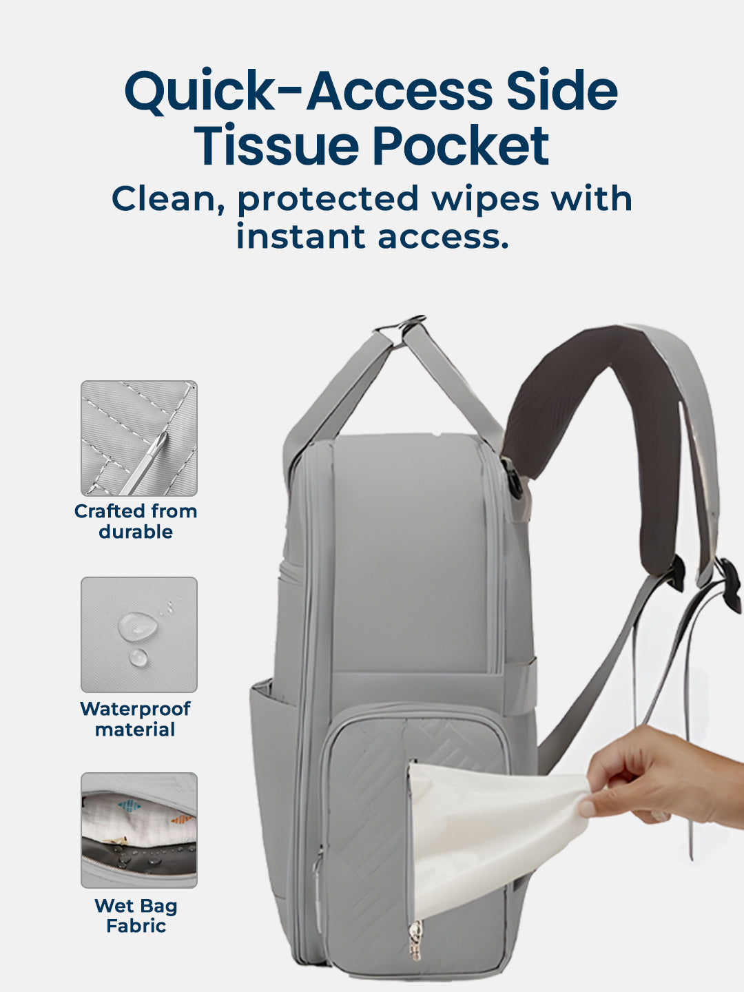 Gray backpack with quick-access side tissue pocket, featuring durable, waterproof material, and wet bag fabric.
