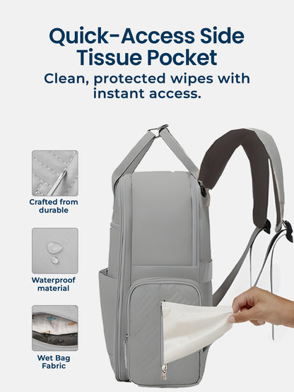 Gray backpack with quick-access side tissue pocket, featuring durable, waterproof material, and wet bag fabric.