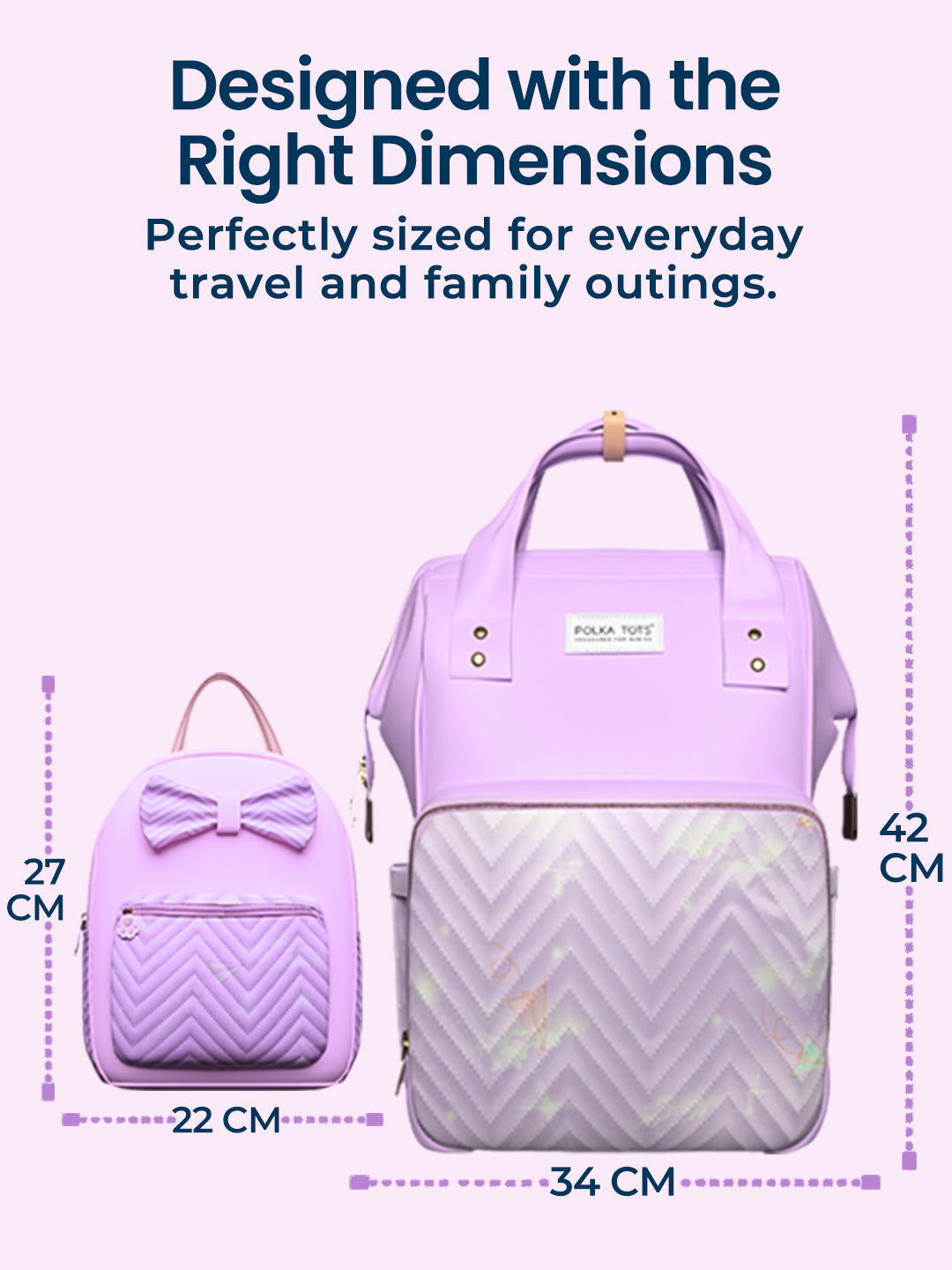 Purple backpack and smaller bag with dimensions on a white background