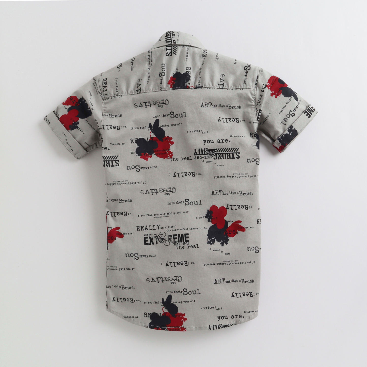 Polka Tots Half Sleeves All Over Text Printed Shirt With Bow Tie - Grey and Red