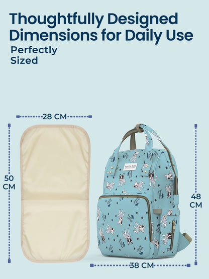Blue backpack with floral pattern and beige mat with dimensions on a light blue background