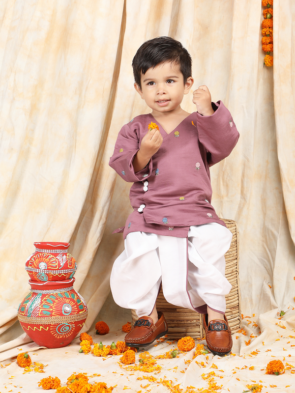 Polka Tots Full sleeves Flower Embroidery Angrakha With Dhoti Set - Turkish Rose