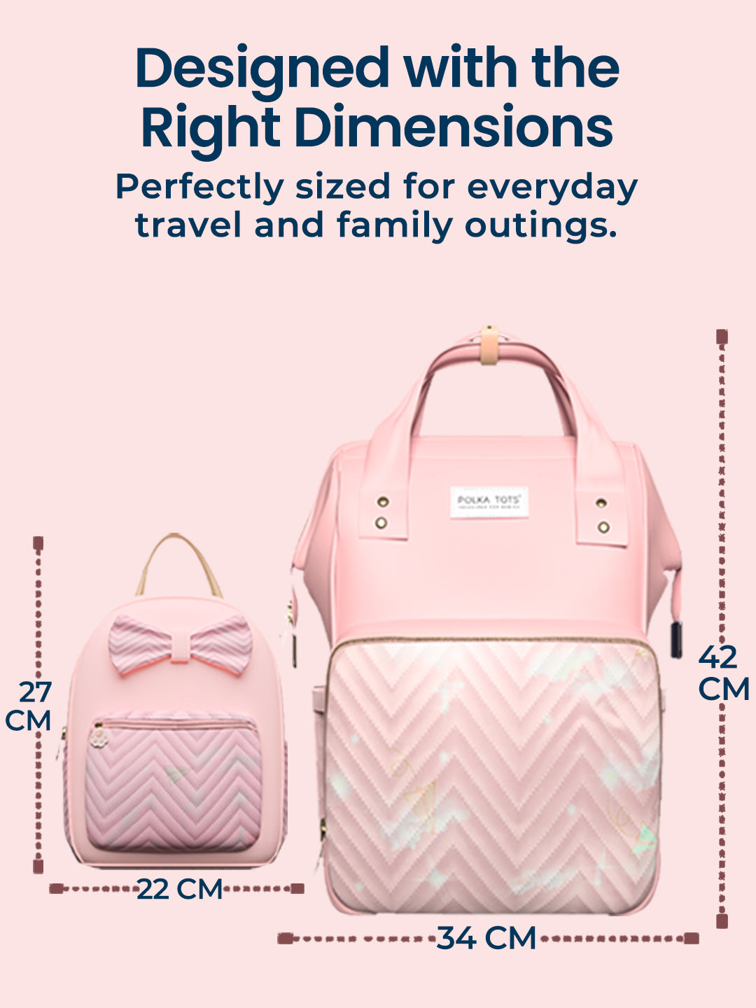 Pink backpack with measurements on a light pink background