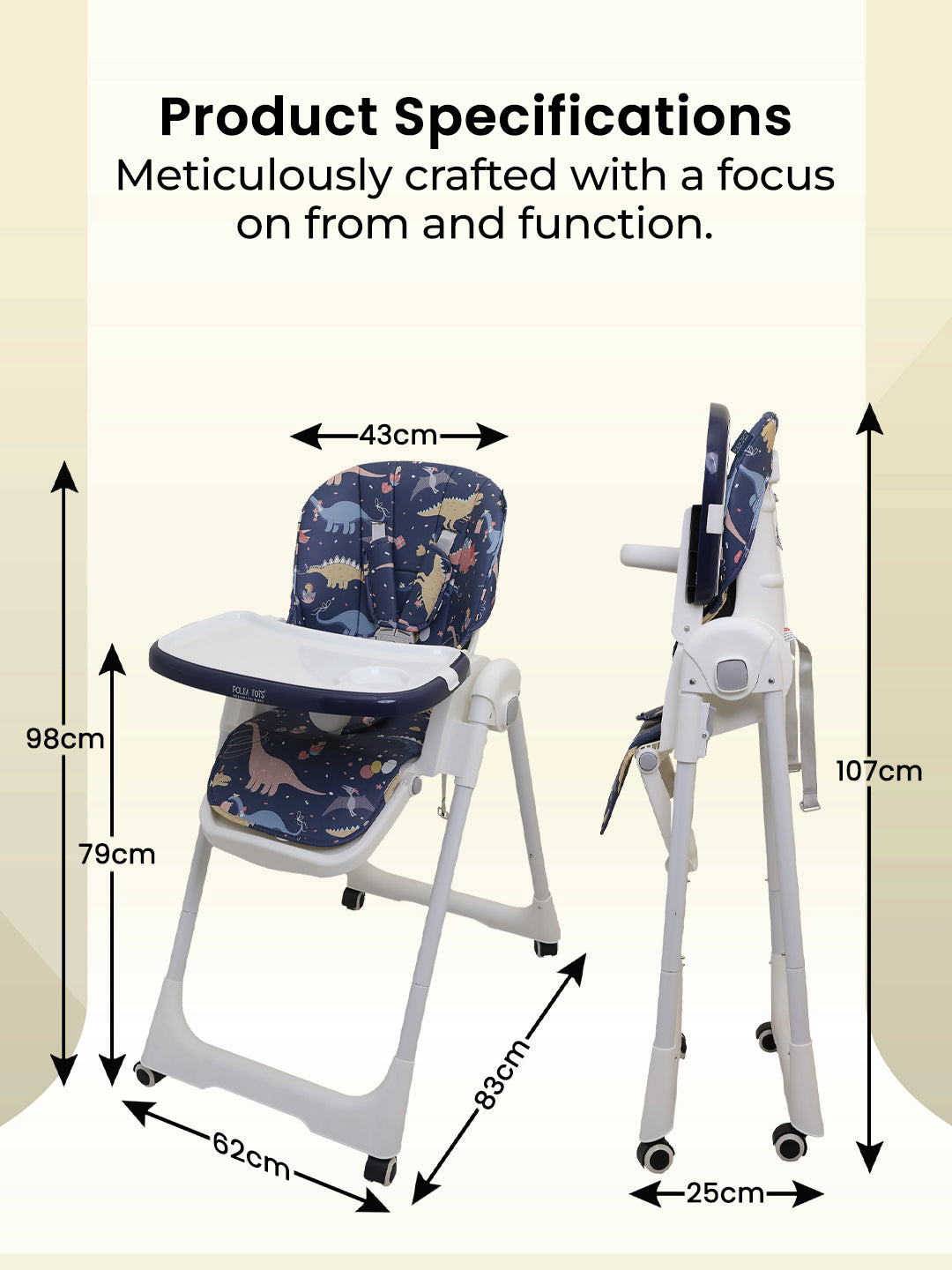Children's high chair with dimensions labeled on a beige background