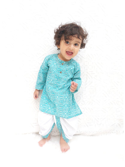 Polka Tots 100% Super Soft Cotton Geometric Print Full Sleeve Kurta With Dhoti Set - Sky Blue