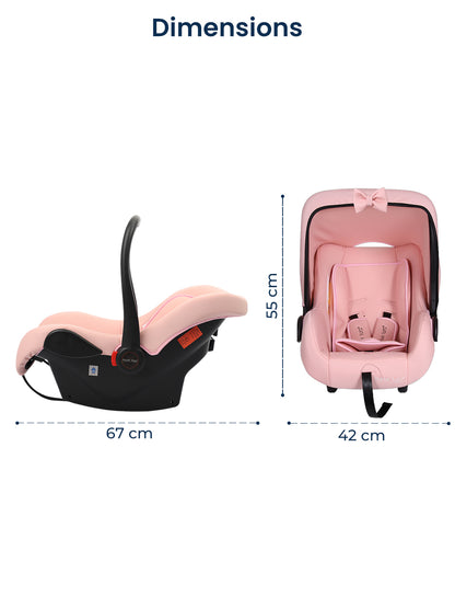 Dimensions of a pink and black car seat with measurements on a white background